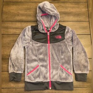 The North Face Coat Girls' Gray Fleece Jacket with Pink Accents